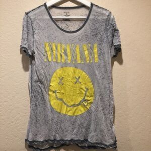 NIRVANA Happy face logo yellow Burn out graphic Band Tee Shirt Gray  Lrg